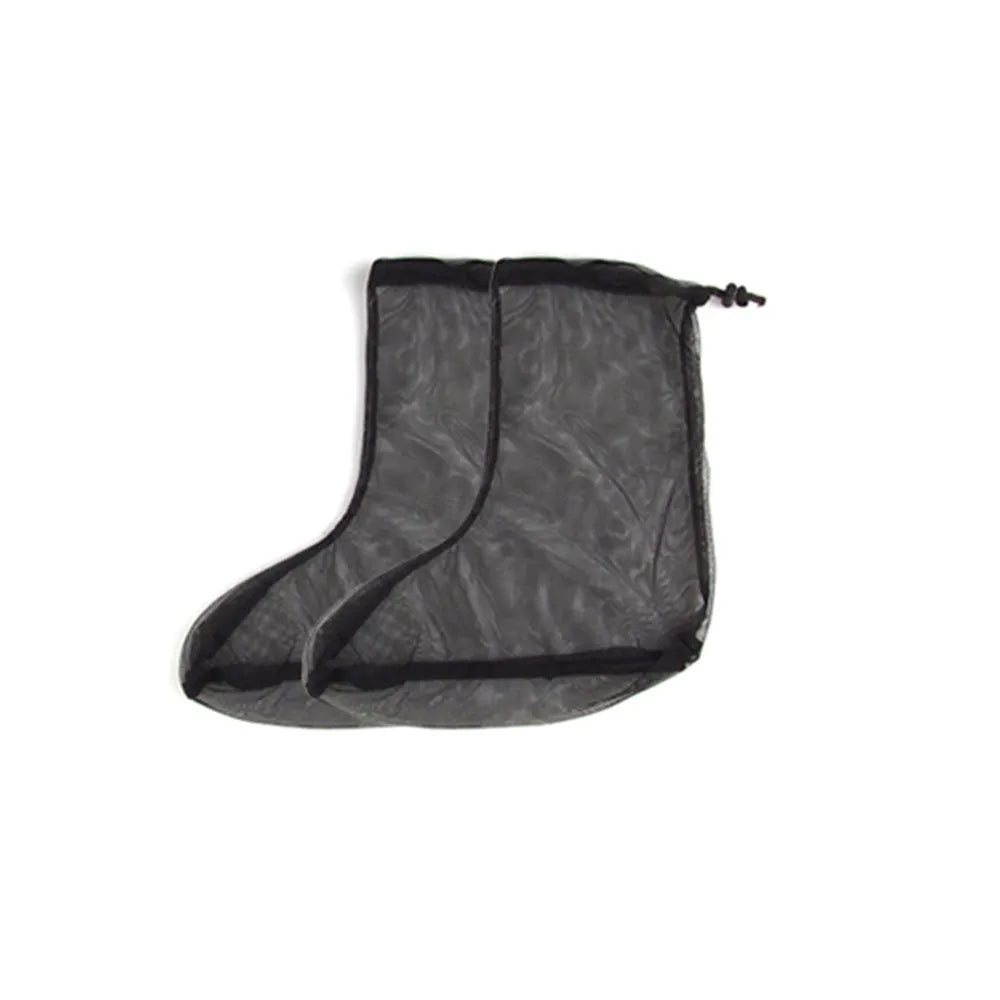 Four-piece anti-mosquito suit set showing hooded top, pants and booties in breathable mesh fabric