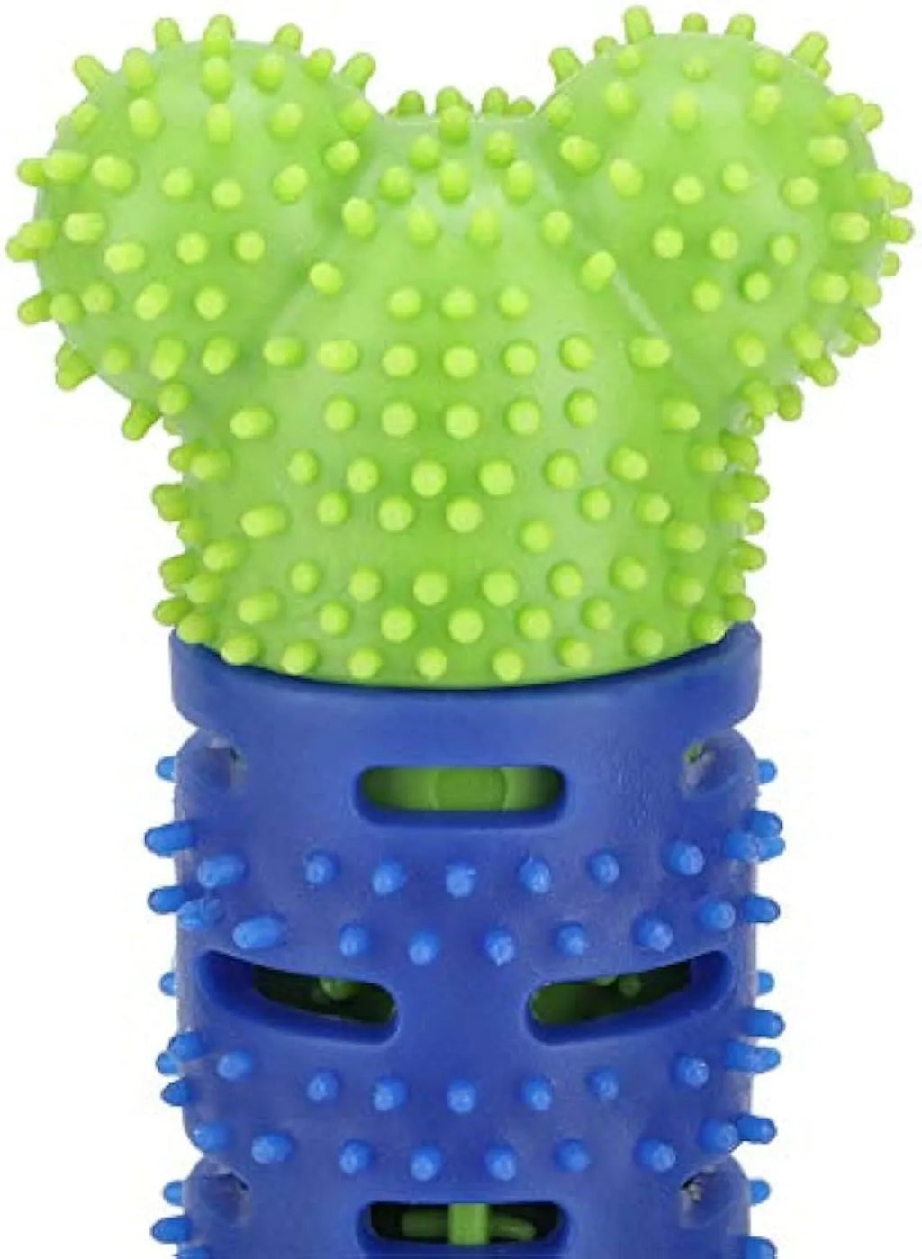 Blue and green silicone dog dental chew toy with brush-head texture and nodule design for cleaning teeth.
