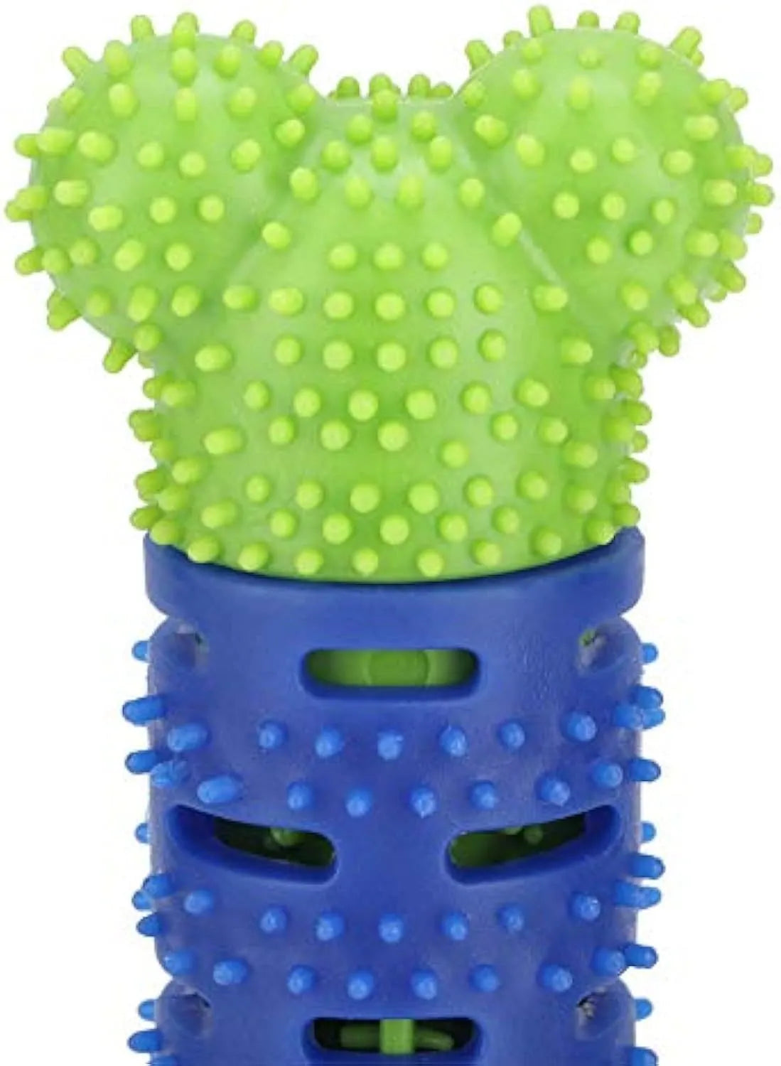 Blue and green silicone dog dental chew toy with brush-head texture and nodule design for cleaning teeth.