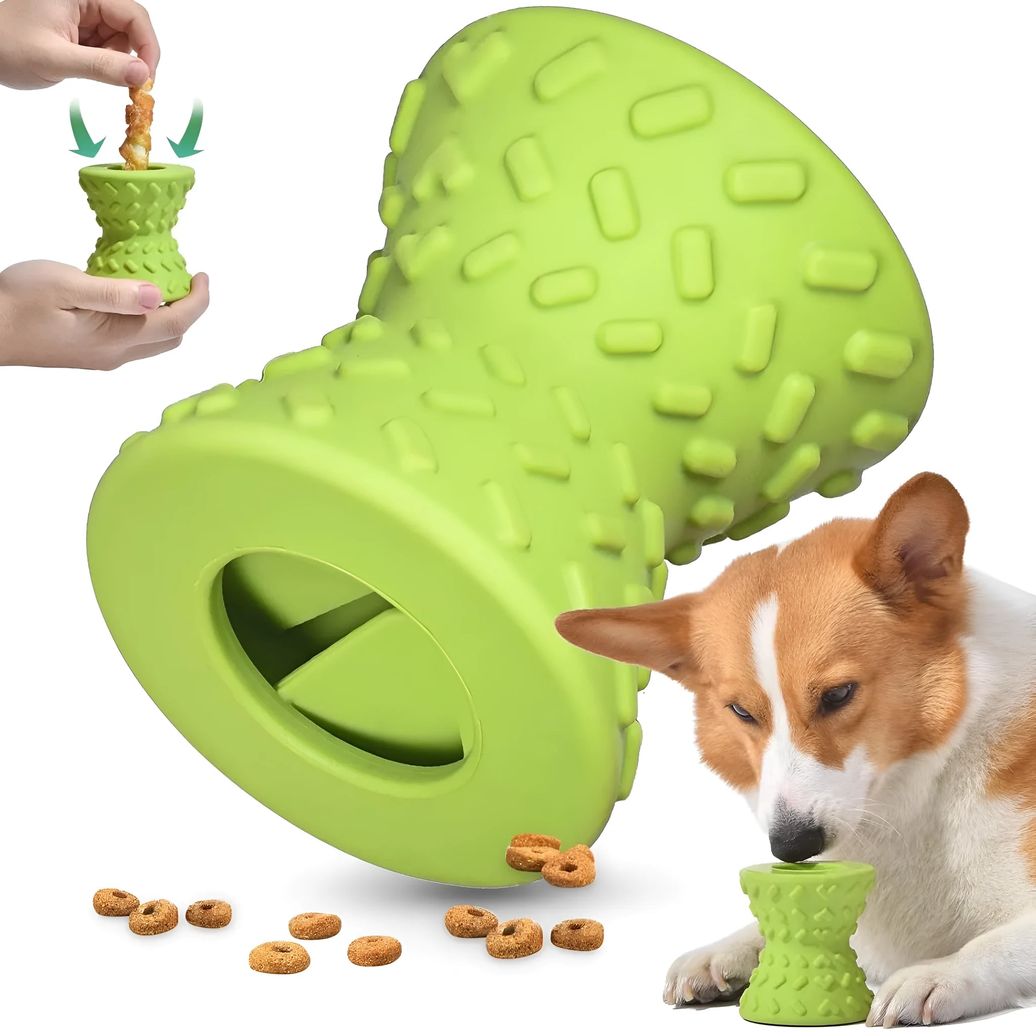 Blue natural rubber hollow dog chew toy with treat dispensing holes.