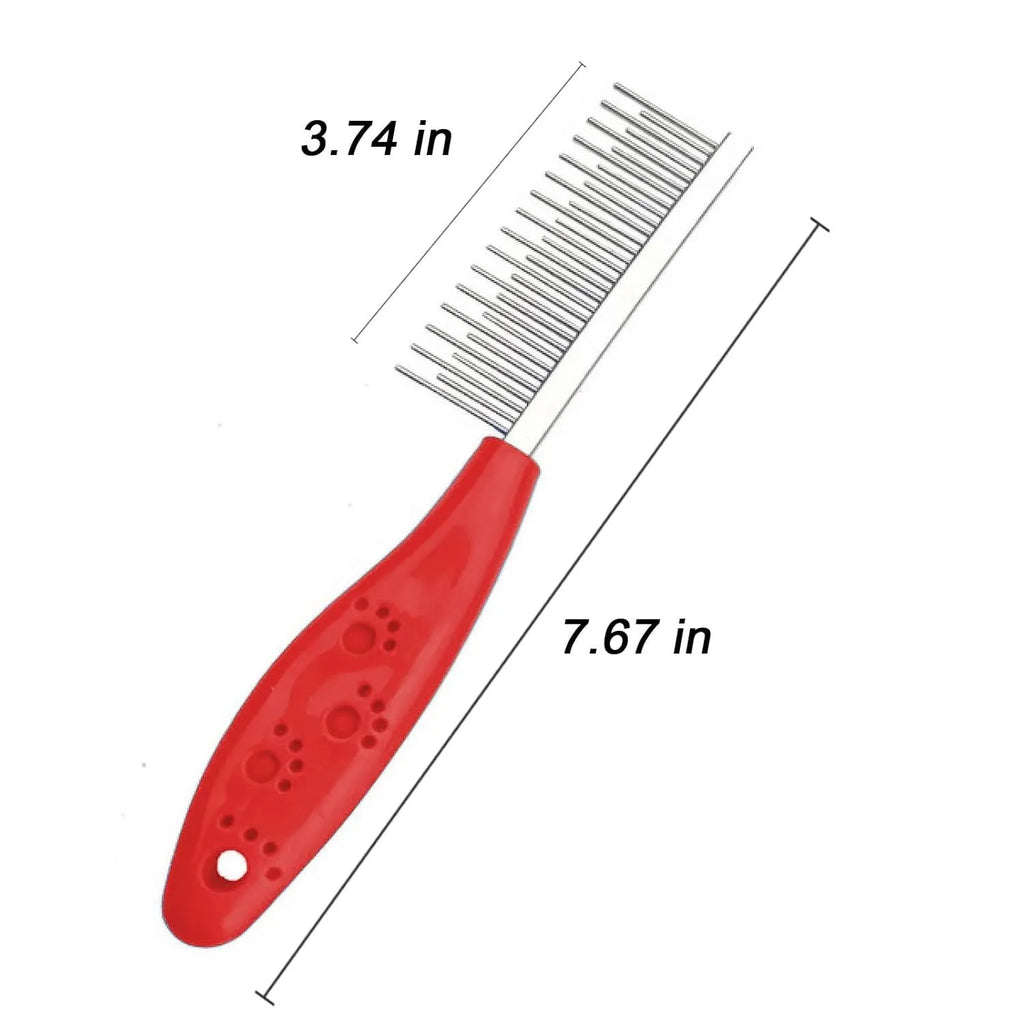 Red plastic handle pet grooming comb with stainless steel short and long teeth.