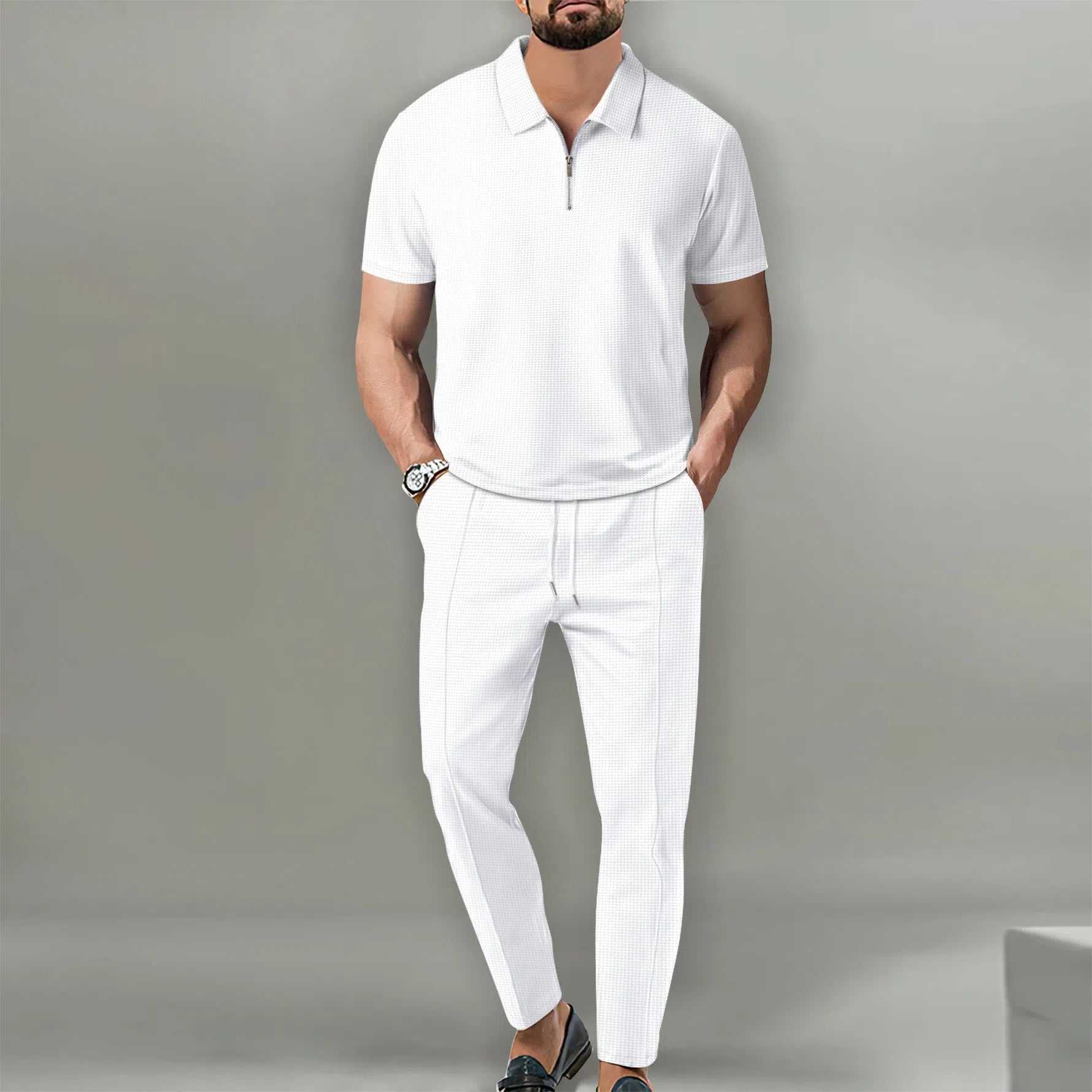 Men's waffle lapel casual suit set short sleeve top and trousers solid colour khaki