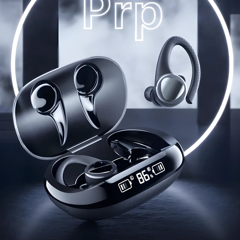True wireless Bluetooth headset in Black with in-ear noise cancellation design and charging case