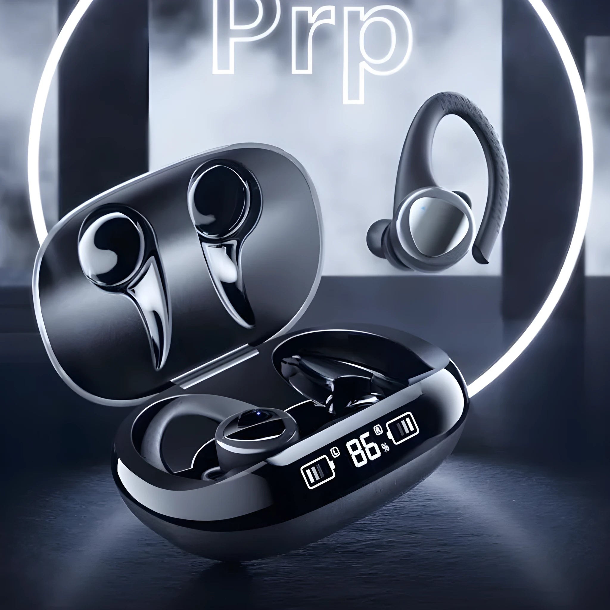 True wireless Bluetooth headset in Black with in-ear noise cancellation design and charging case