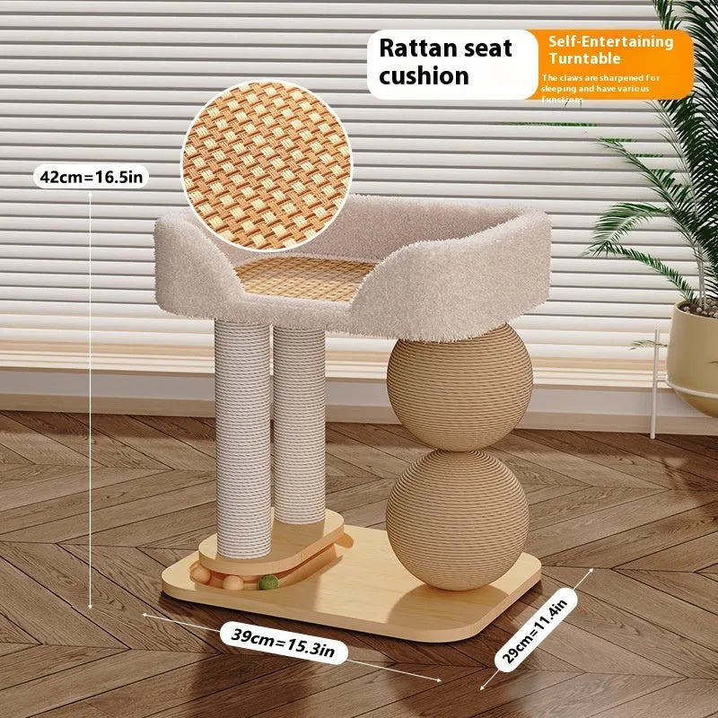 Solid pine wooden cat nest with two sisal scratching posts and a raised sleeping platform