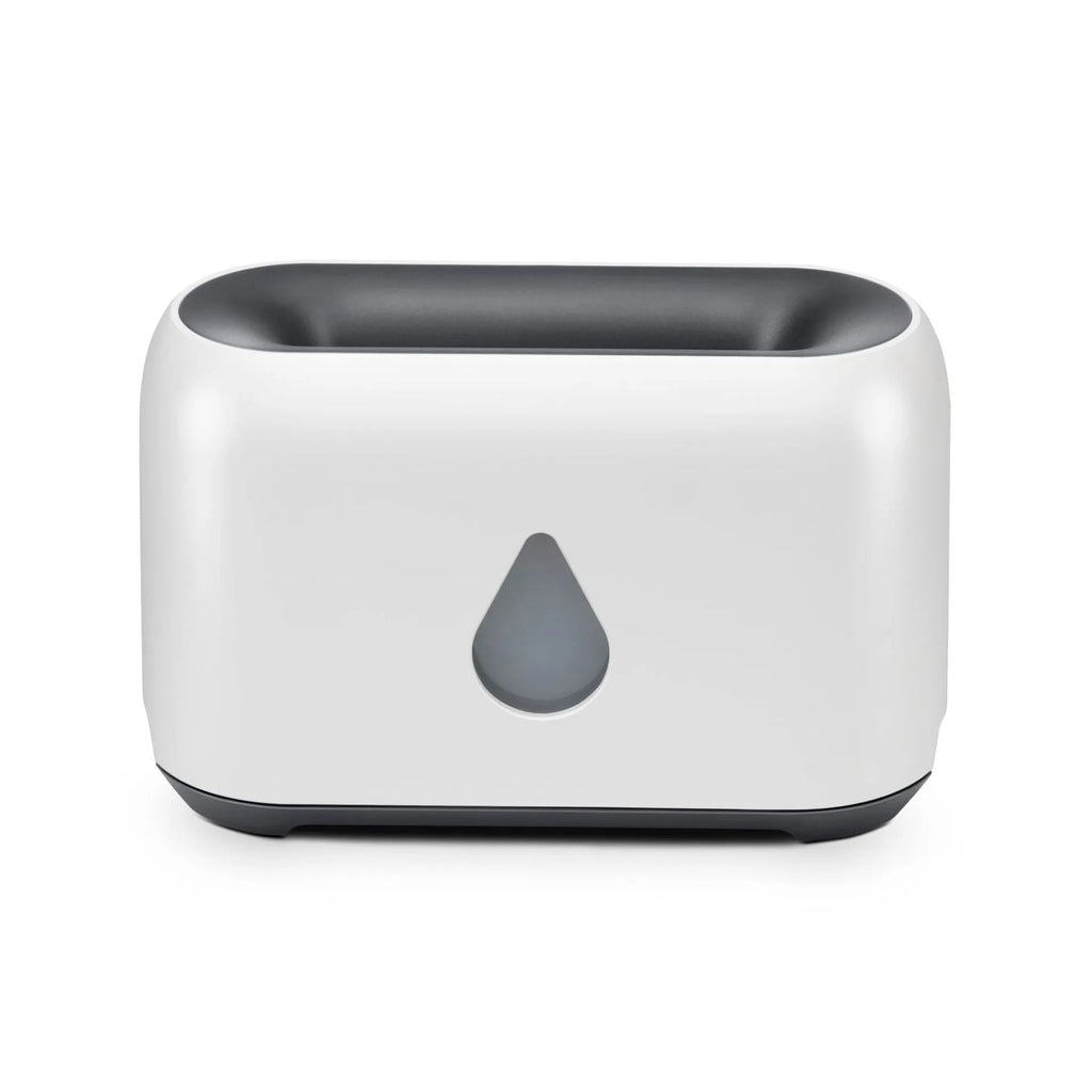 Two-colour 3D flame aroma diffuser humidifier on desk with USB cable, black and white options