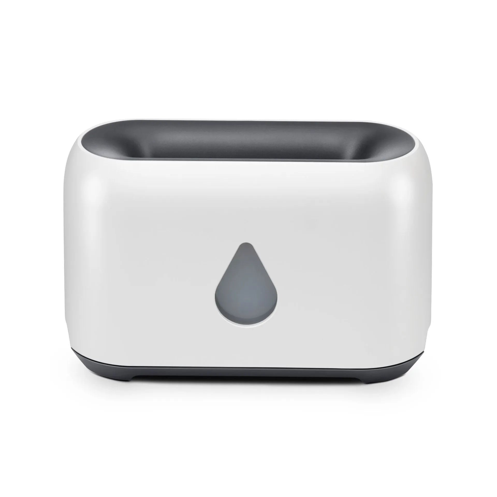Two-colour 3D flame aroma diffuser humidifier on desk with USB cable, black and white options