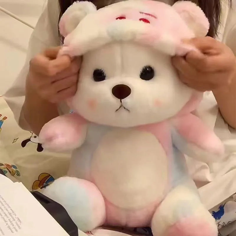 Colourful strawberry bear plush doll with cute face, available in multiple sizes and colours for teenagers