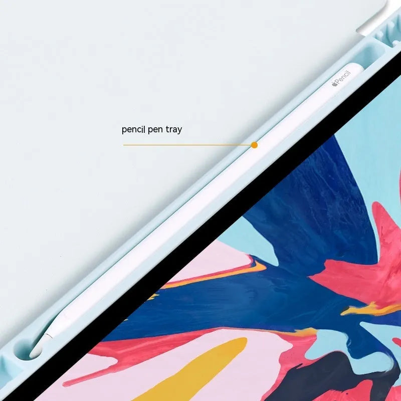iPad leather case with folding stand open showing Apple Pencil slot and six colour options