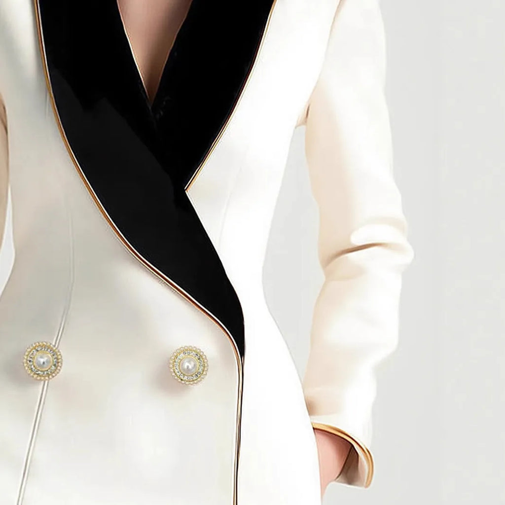 Women's milky white long sleeve coat with golden pearl buttons in irregular design