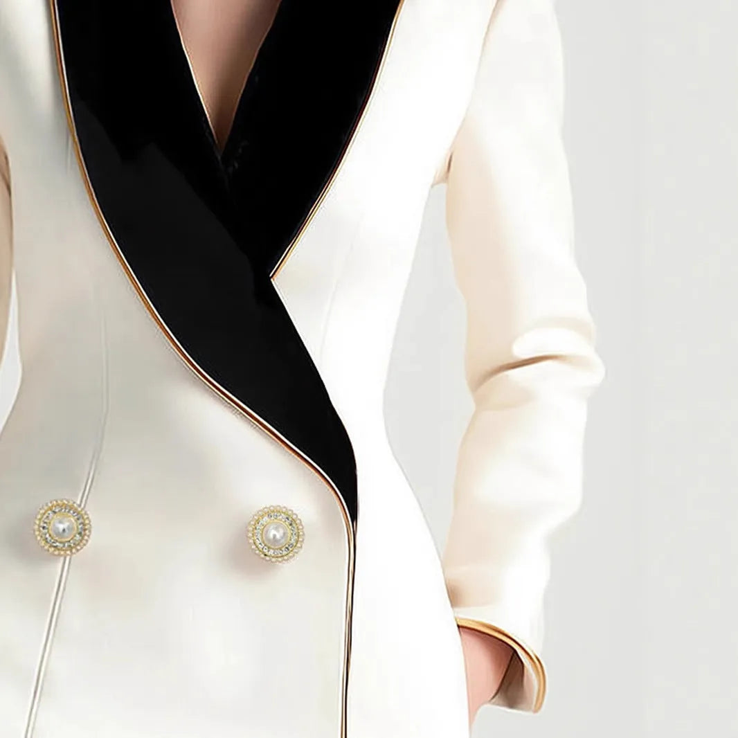 Women's milky white long sleeve coat with golden pearl buttons in irregular design