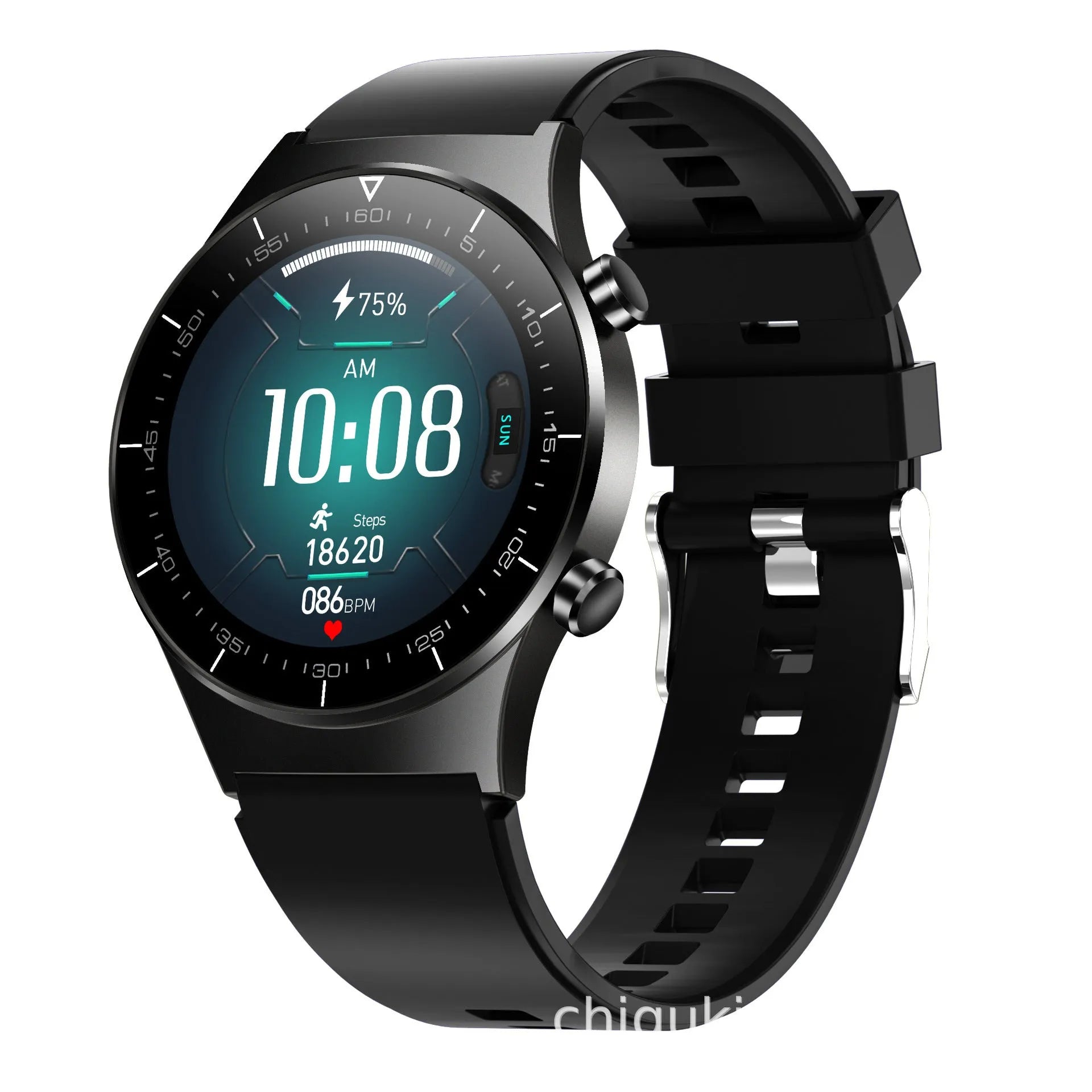 Black smart watch with 1.28 inch screen displaying heart rate and activity metrics on wrist