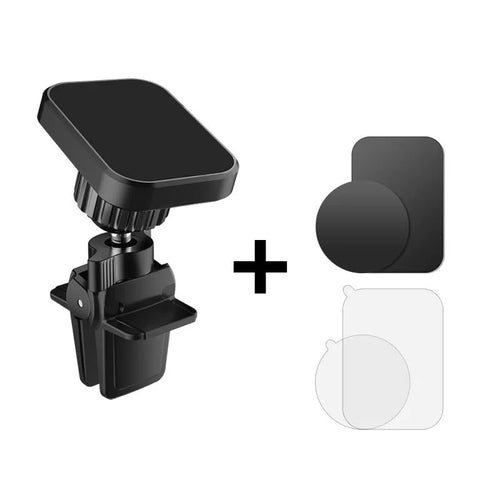 Black magnetic car phone holder mounted on vehicle air vent with smartphone attached