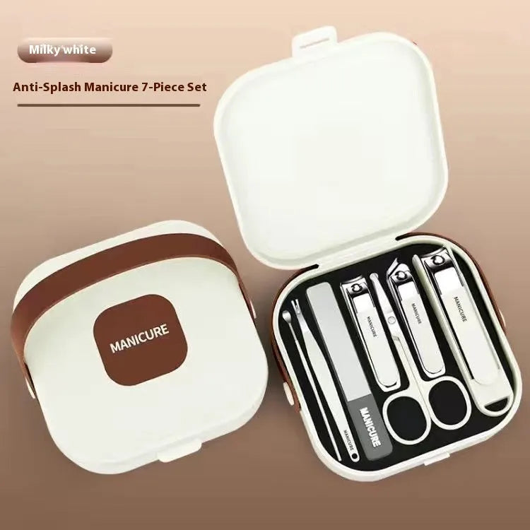 Anti-splash portable household fingernail maintenance kit with seven manicure tools in brown, white and green colours