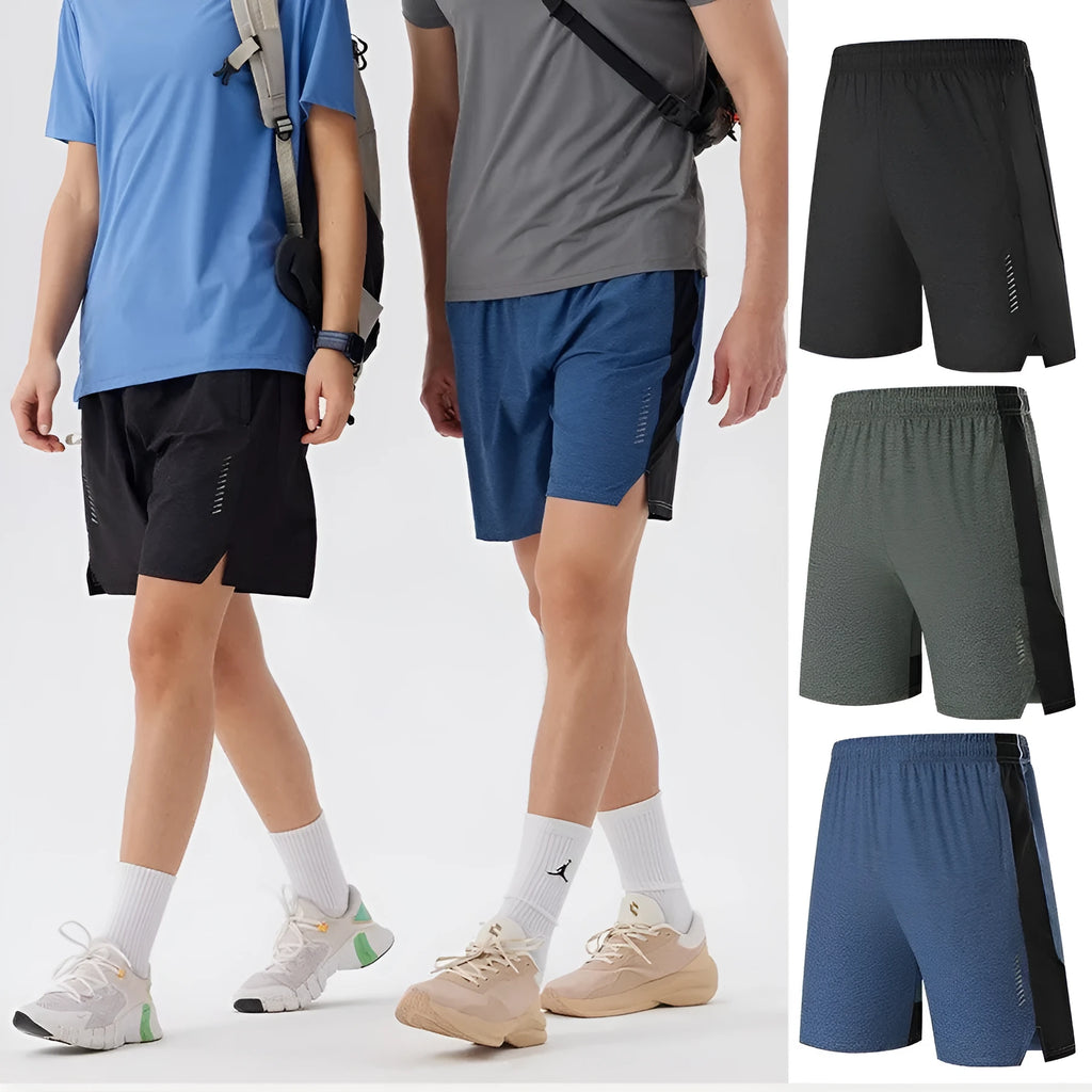 Man wearing forest green stretch spandex shorts, showing mid-waist fit and casual short length.