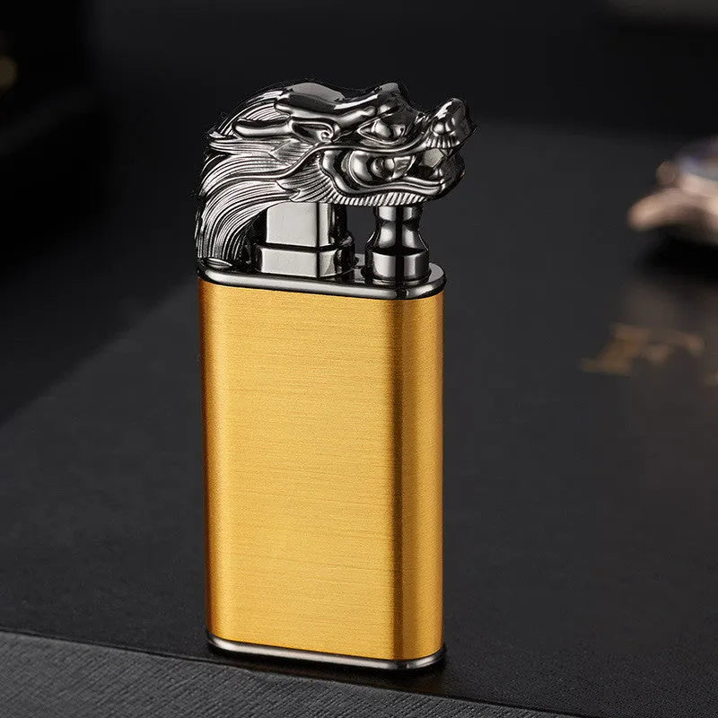Creative blue flame lighter with windproof double fire and novelty dragon design, metal body