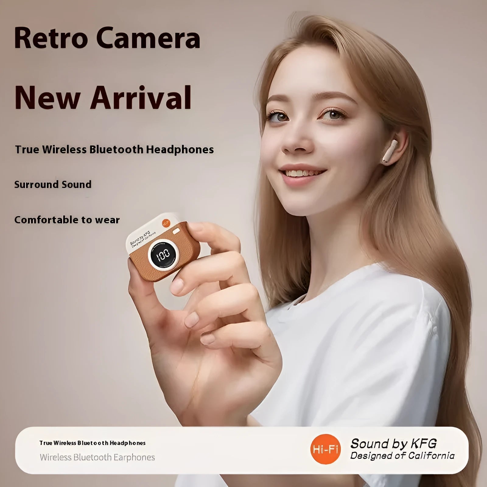 Retro Camera Q86 wireless Bluetooth headset in in-ear design, available in brown green and white colours