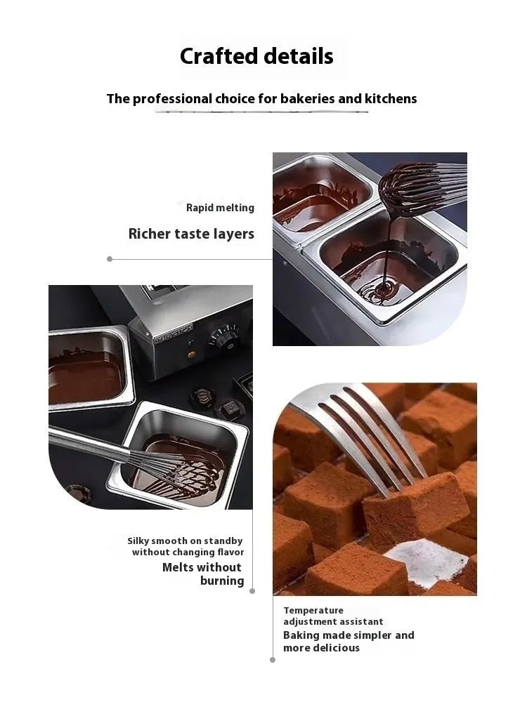 Commercial electric chocolate melting machine with double pot and digital temperature control display.