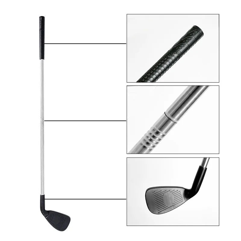 Metal golf club set showing adult and children's size options for outdoor practice.