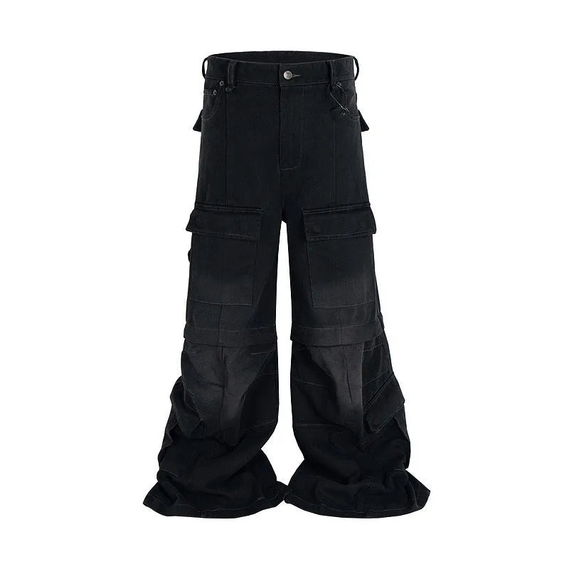 Detachable washed-out cotton overalls with multi-pockets and micro-pull fastening in black or blue
