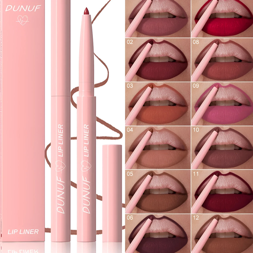 A set of 12 velvet matte lip liner pencils in different colours for lip contouring.