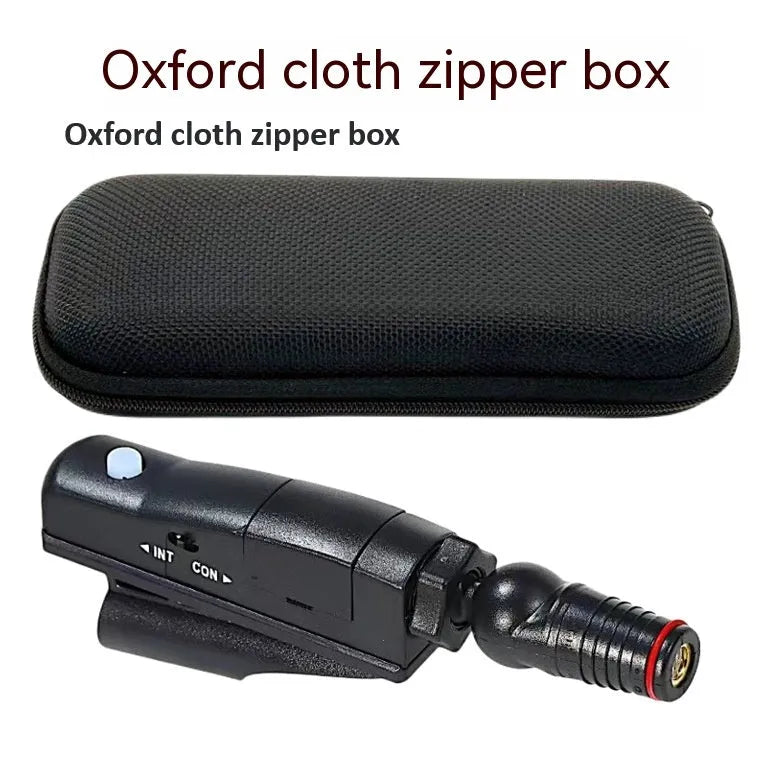 Golf putter laser aiming instrument showing four style configurations with laser sight, zipper box, and tripod accessories