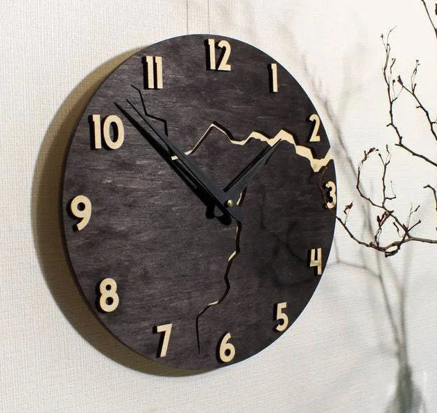 Modern wooden wall clock with cracked finish design showing five style variations