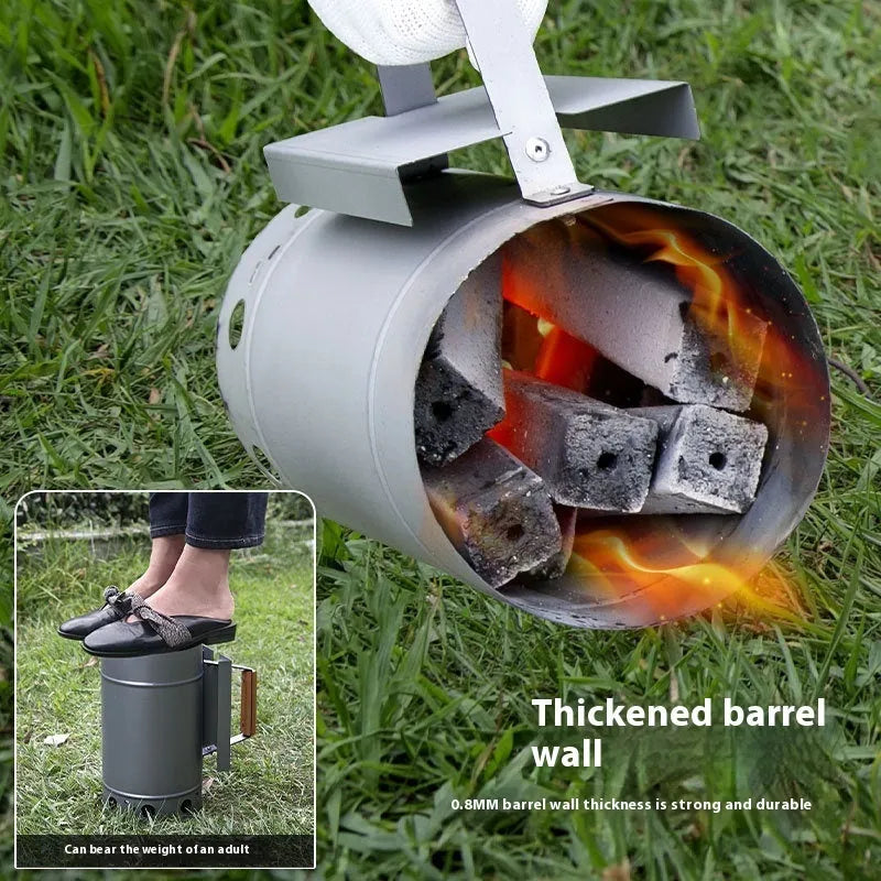 Zinc-iron alloy bamboo charcoal fire barbecue oven igniter with carbon bucket design on a patio.