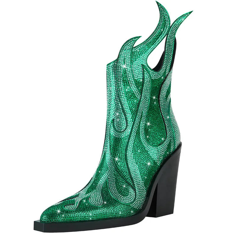 Women's square toe chunky heel Martin boots with rhinestone flame decoration, black colour, side zipper, rubber sole