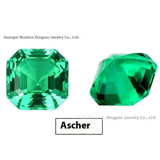 Synthetic emerald gemstone in Columbia green treasure colour showing round and rectangular cut options.