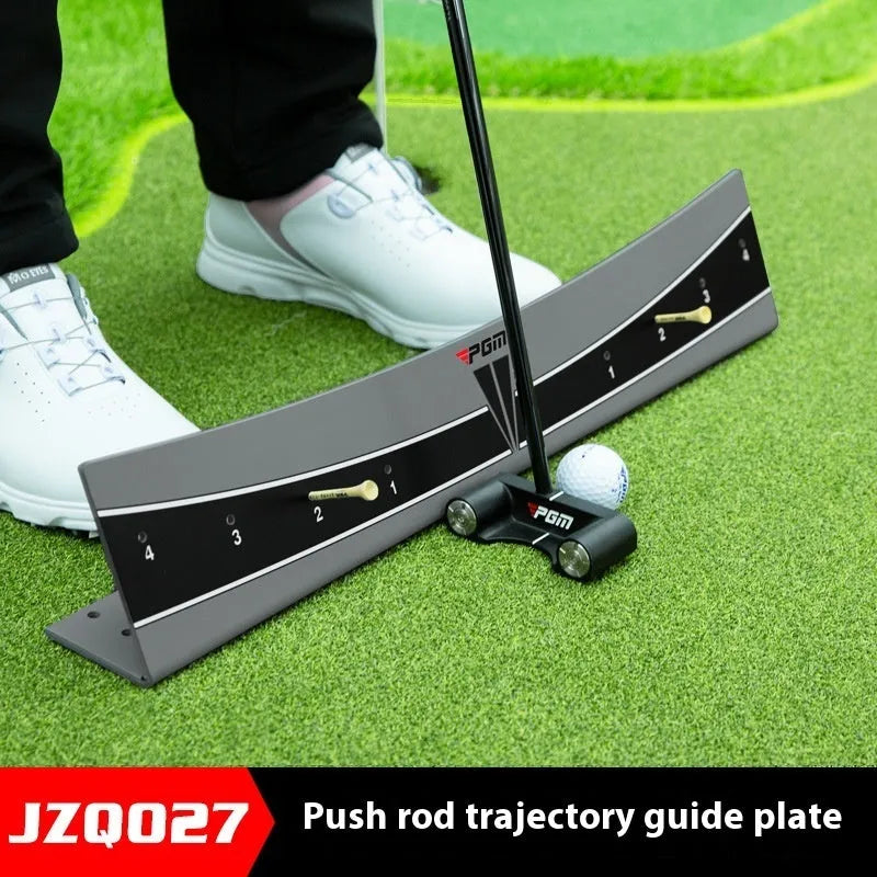 Golf putter trajectory balance simulator with adjustable PVC push rod on a green carpet