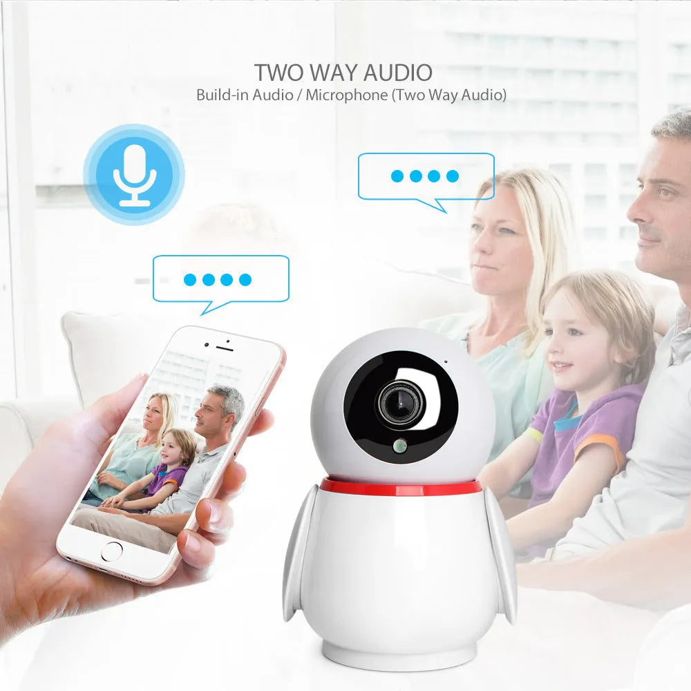 White wireless 360 panoramic indoor camera with pan tilt mechanism and night vision
