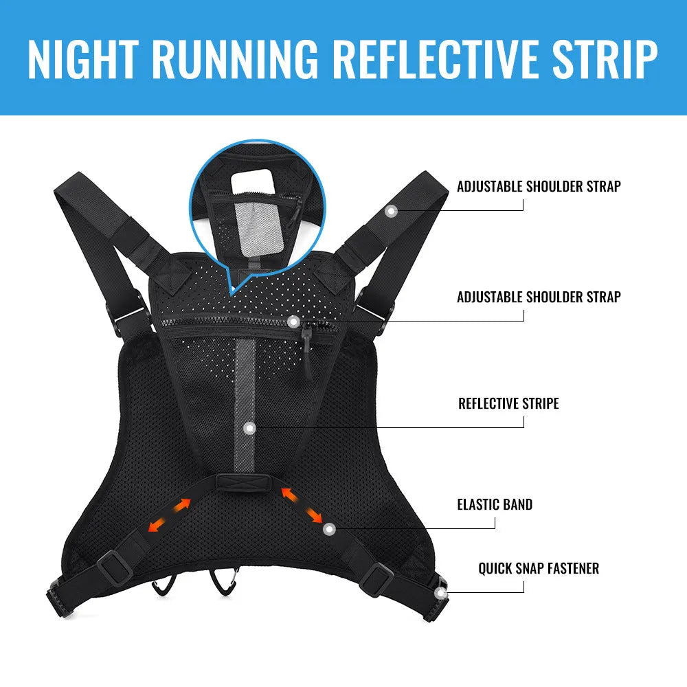 Outdoor sports chest bag designed as a breathable vest in Oxford cloth, shown in black.