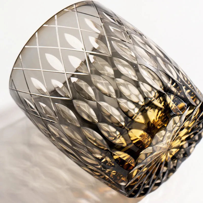 Japanese-style Edo crystal glass whisky tumbler with amber flash cut design in wooden box