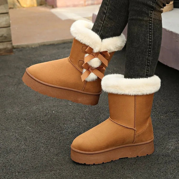 Women's bow retro fleece lined thickened ankle boots in suede with flat heel black beige brown