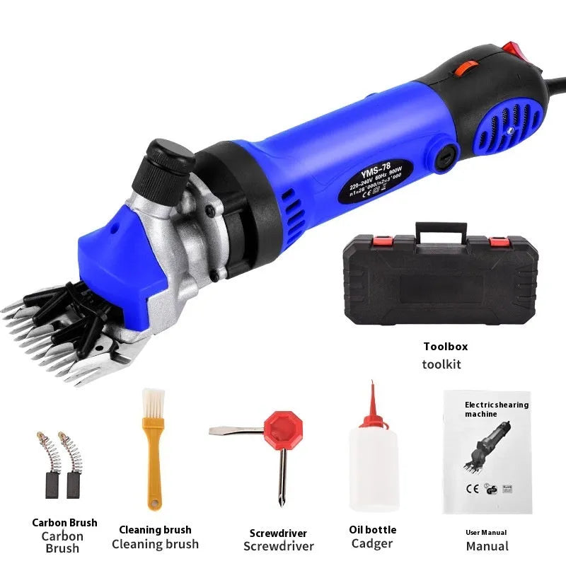 Yellow electric wool shearing clipper with 110V plug, multiple cutting blades, and maintenance accessories in plastic box