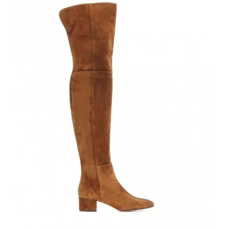 Grey suede women's over-the-knee flat boots with a pointed toe and thick low heel on a neutral background.