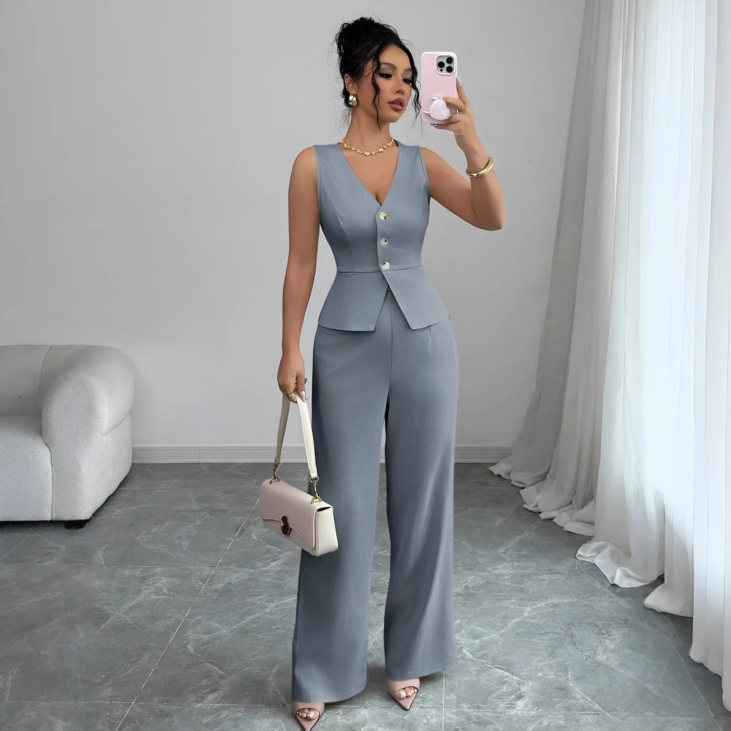 Women's black sleeveless vest and high waist trousers two-piece set in Japanese Korean casual style