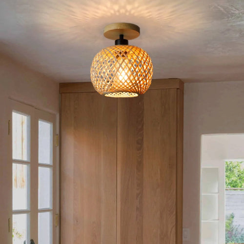 Japanese pastoral style bamboo ceiling lamp for hallways and corridors in natural wood colour.