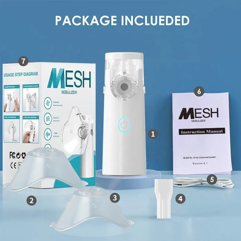Handheld compressed micro-mesh nebulizer with bilateral masks, medical PVC, mute operation, battery or plug-in power.