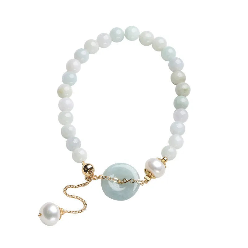 Natural jade pearl bracelet for women with emerald peace buckle and geometric pendant