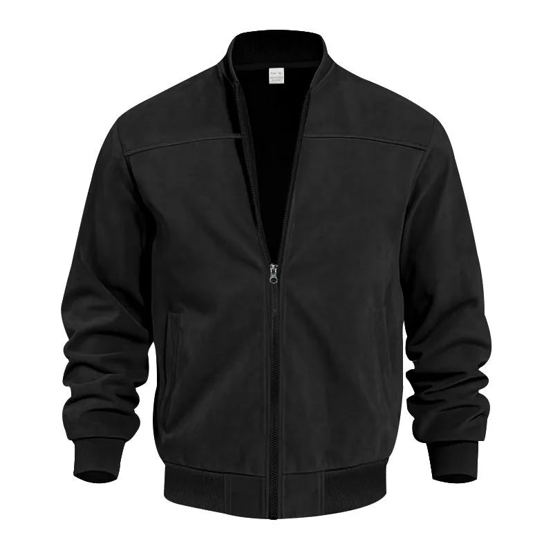 Men's plus-size suede-effect zip jacket in army green on a hanger.