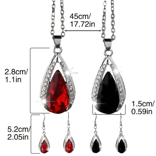Black and red teardrop glass pendant necklace with matching earrings jewellery set