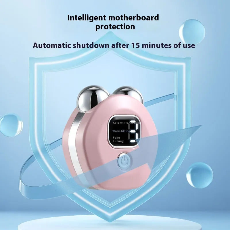 Portable white micro current facial massager with dual rollers and USB charging cable.