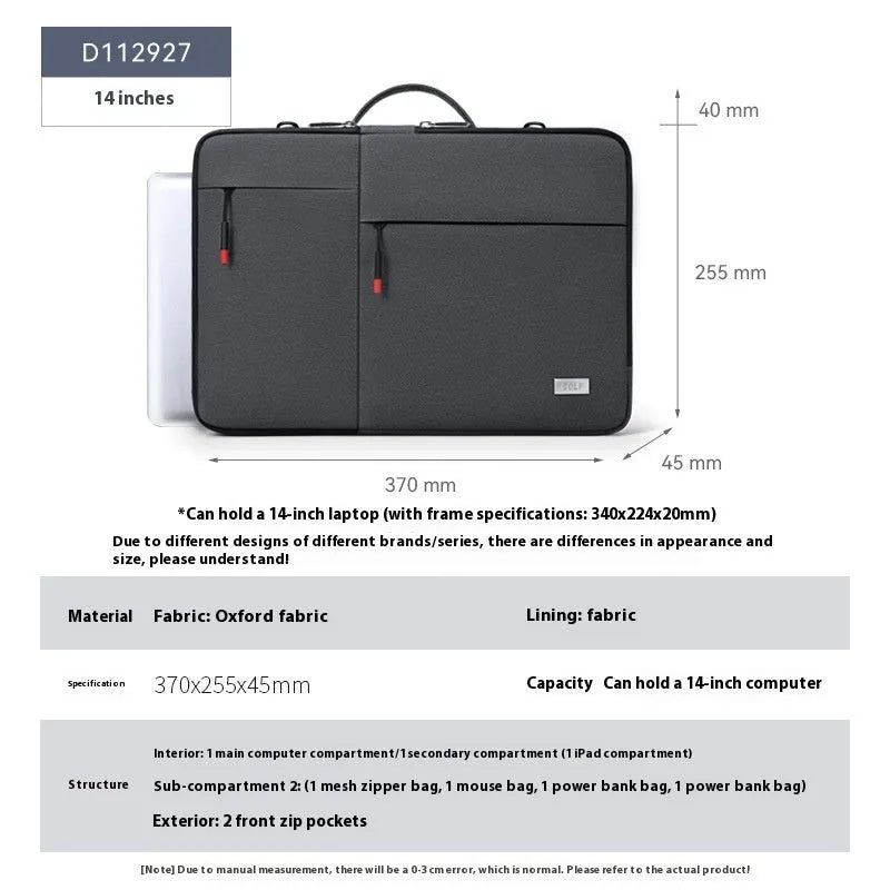 Men's 14-inch laptop shoulder bag in dark gray Oxford fabric with shockproof protection