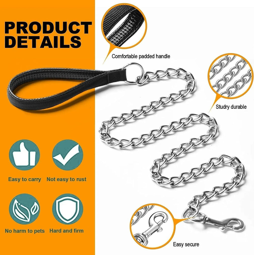 Heavy-duty metal chain dog leash with a soft black padded handle, shown with a red colour option.