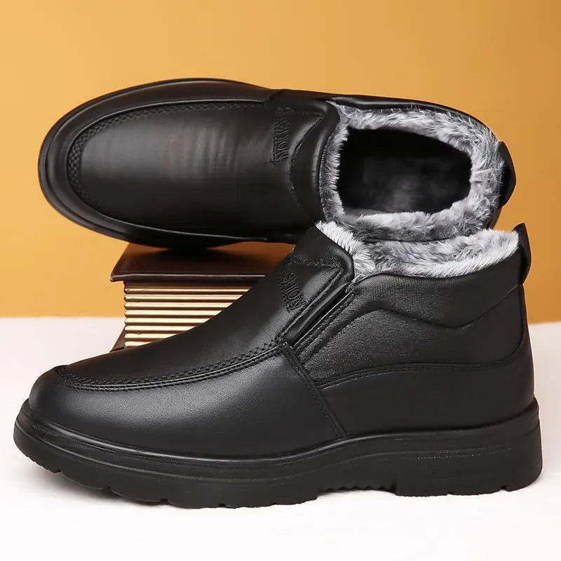 Men's black winter slip-on shoes with fleece lining and rubber sole