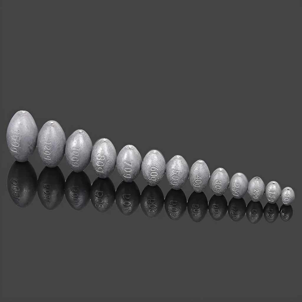 Tongxin olive lead fishing sinker with scale pattern in rugby shape, showing 10g to 150g weight options.