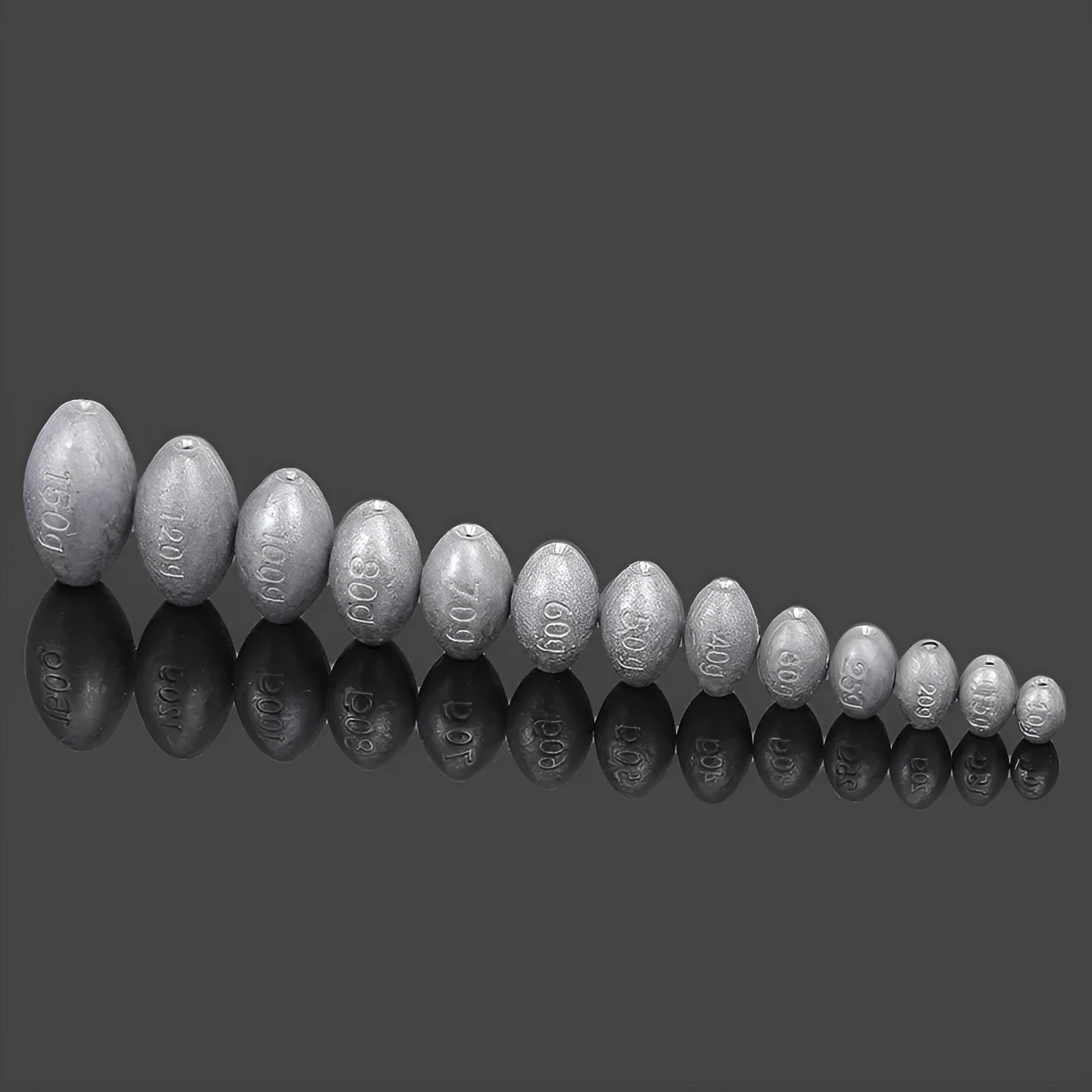 Tongxin olive lead fishing sinker with scale pattern in rugby shape, showing 10g to 150g weight options.