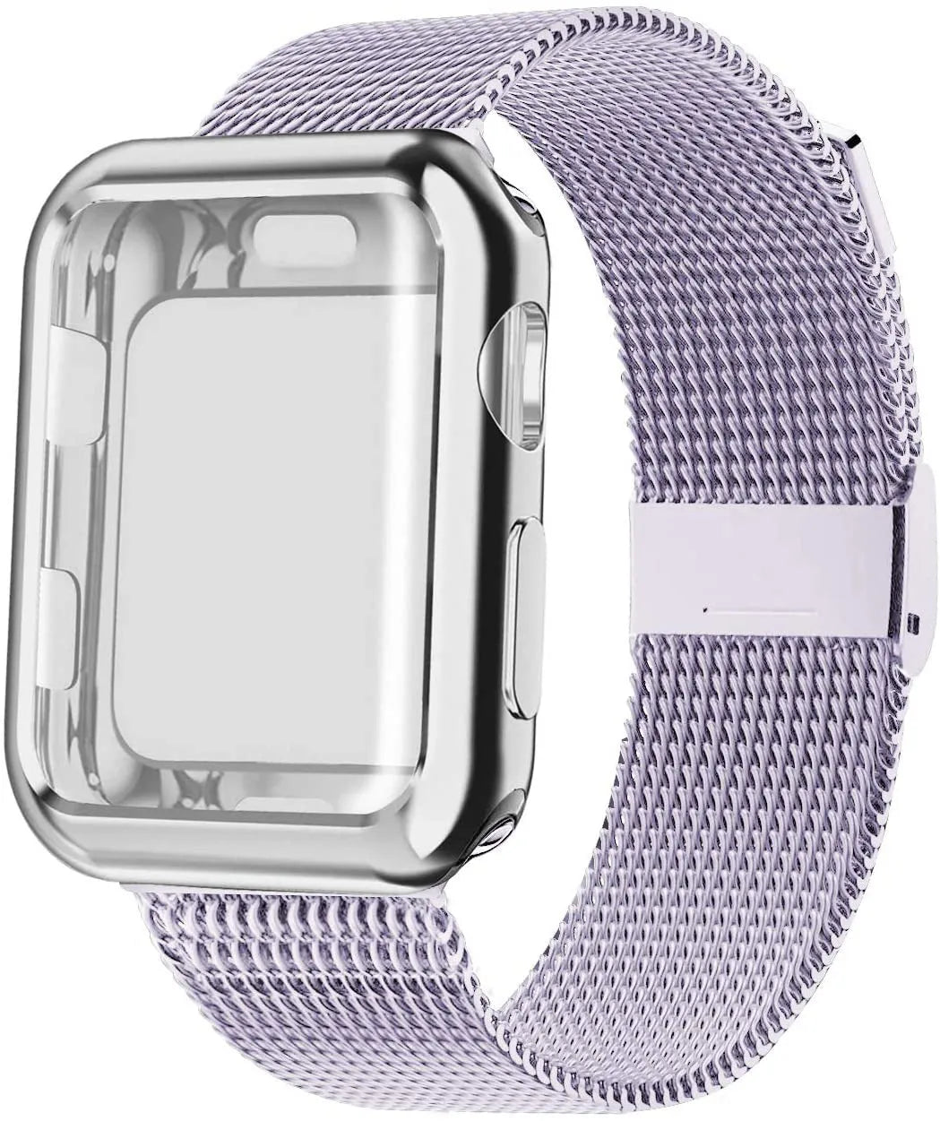 Silver magnetic Milanese loop metal band attached to an Apple Watch on a wrist, showing the adjustable magnetic clasp.